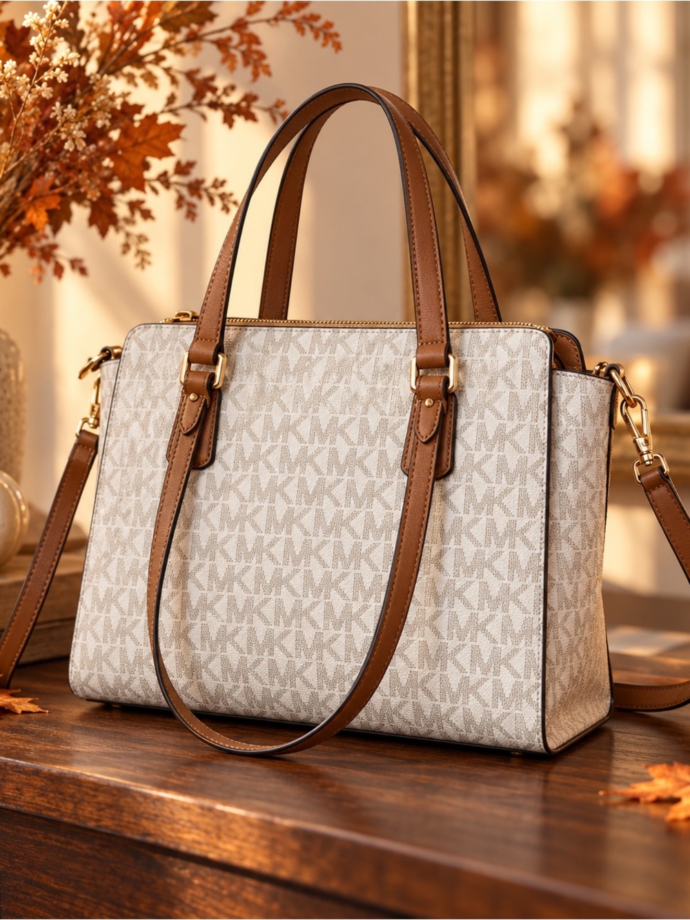 Michael Kors Signature Vanilla Brown Satchel Tote Crossbody Bag